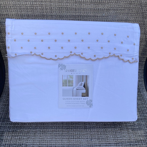 Shabby Chic White Cotton Enbroidered Scallop Dot Natural QUEEN Sheet Set 4pc - Picture 2 of 13